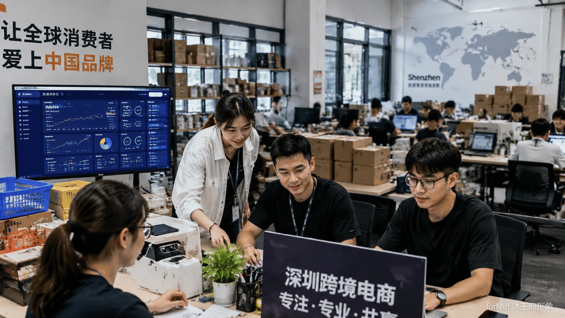 电商团队在办公室数据大屏前合影，年轻活力的团队氛围，深圳电商公司