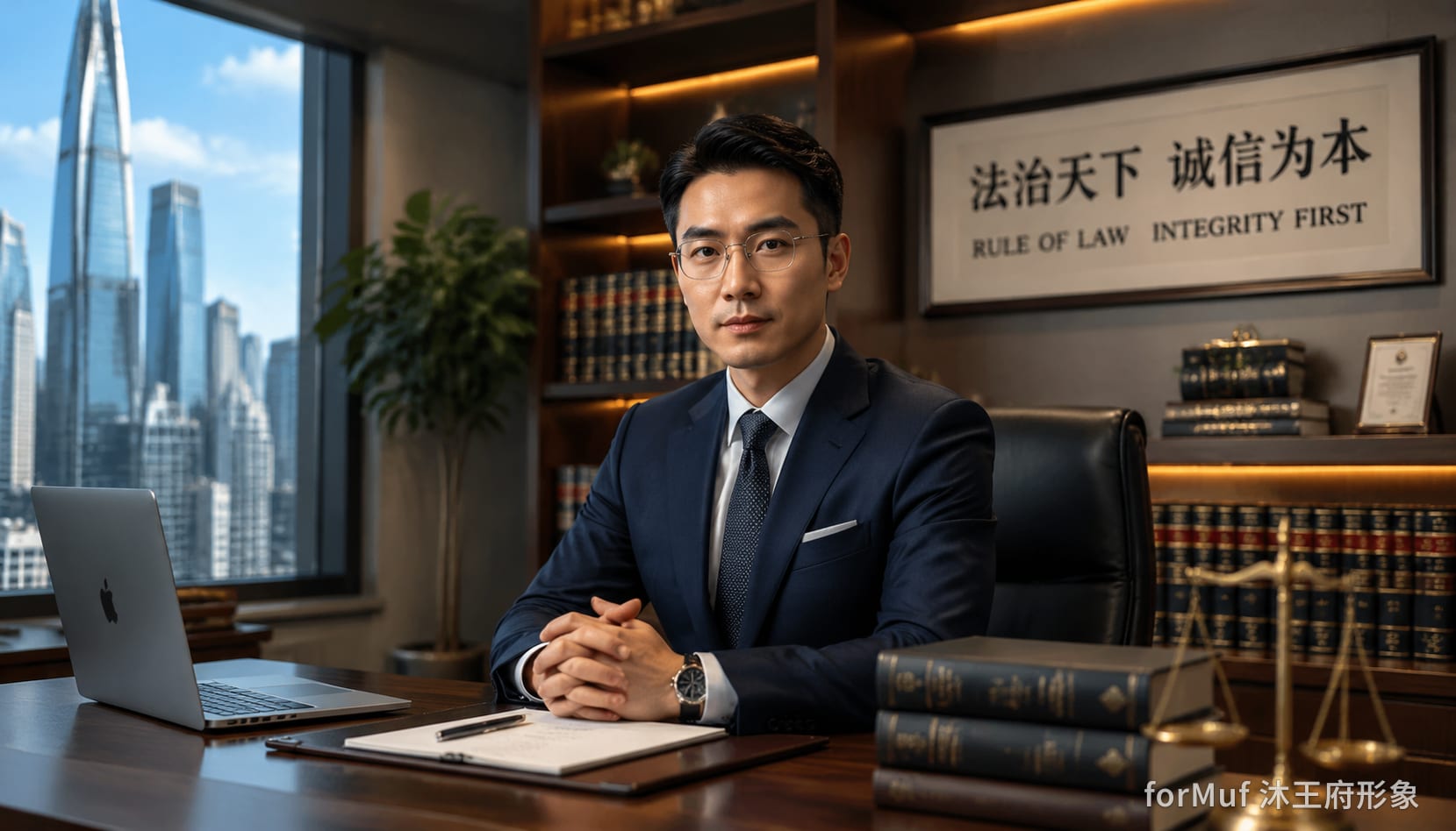 律师穿深色西装的权威形象照，律所办公室书架背景，专业侧光布光，深圳