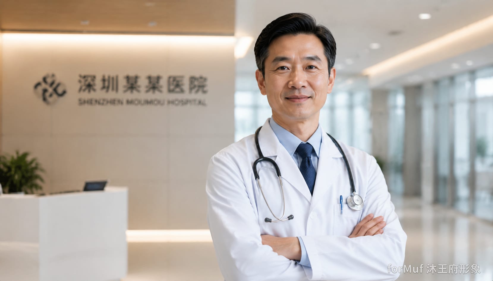 医院专家穿白大褂的专业形象照，诊室环境柔和灯光布景，深圳福田