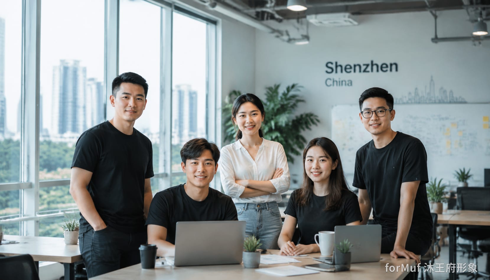 创业公司团队在共享办公空间拍摄形象照，年轻活力的团队氛围