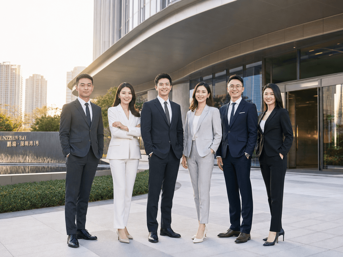 企业建筑外立面前拍摄的团队形象照,展示户外场景的光线与背景控制