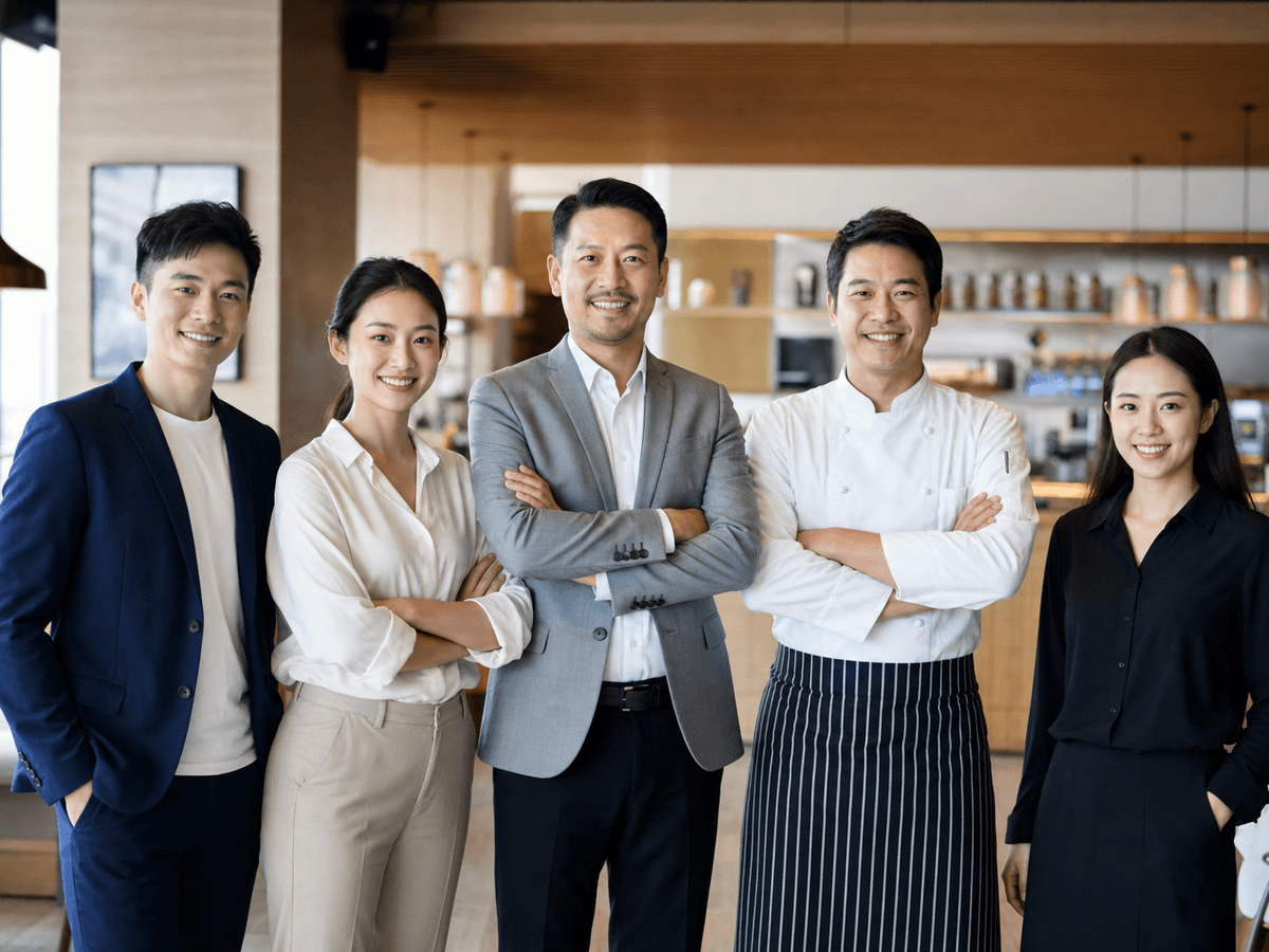 深圳餐饮企业团队形象照，厨师和服务员在餐厅内专业合影