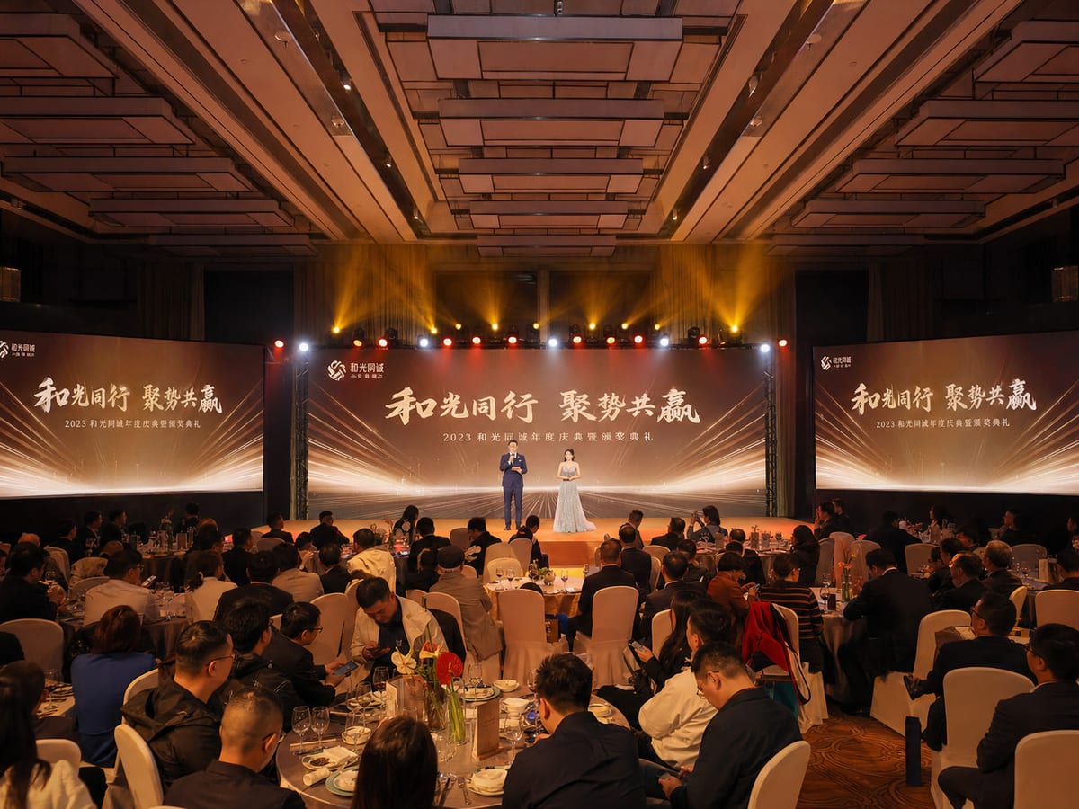 深圳企业年会活动现场摄影,舞台与嘉宾致辞的拍摄画面