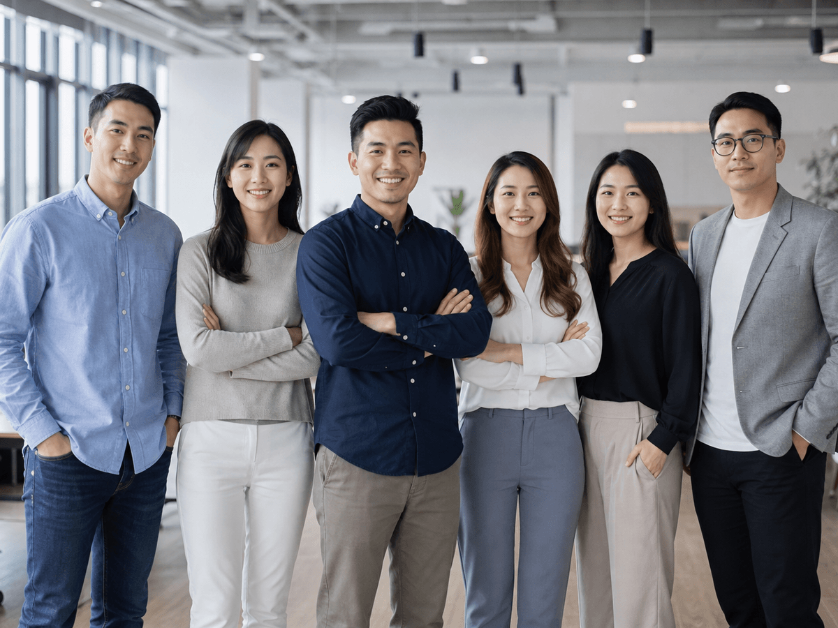 企业客服团队拍形象照，展示专业耐心和值得信赖的服务团队形象