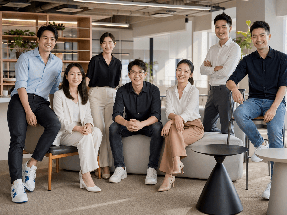 企业六人团队商务形象照,统一服装色系与中性背景的合影效果