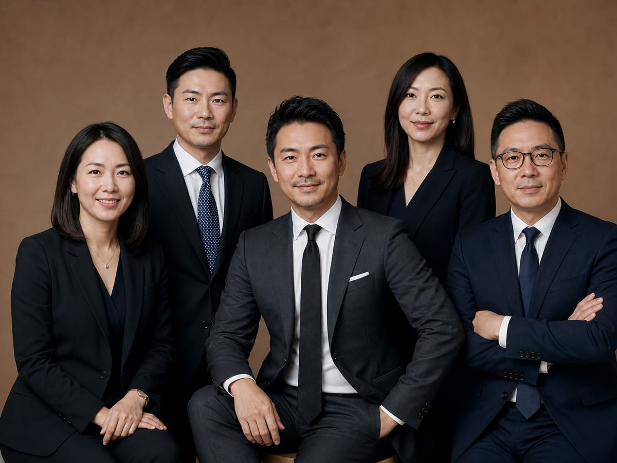 暖米底色五人企业团队照,展示妆面统一与表情引导后的整批一致效果