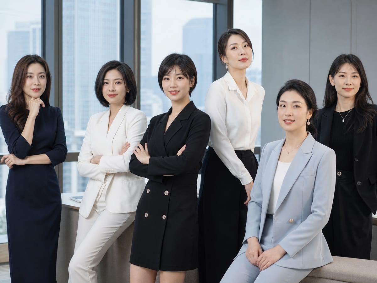 品牌时尚风格的六位女性团队形象照,讲究造型与画面情绪的表达