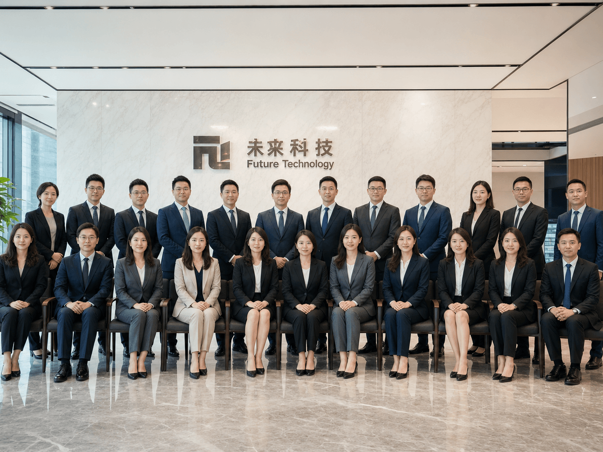 企业全员团队合影的棚拍布置,统一服装与背景呈现整包视觉交付效果