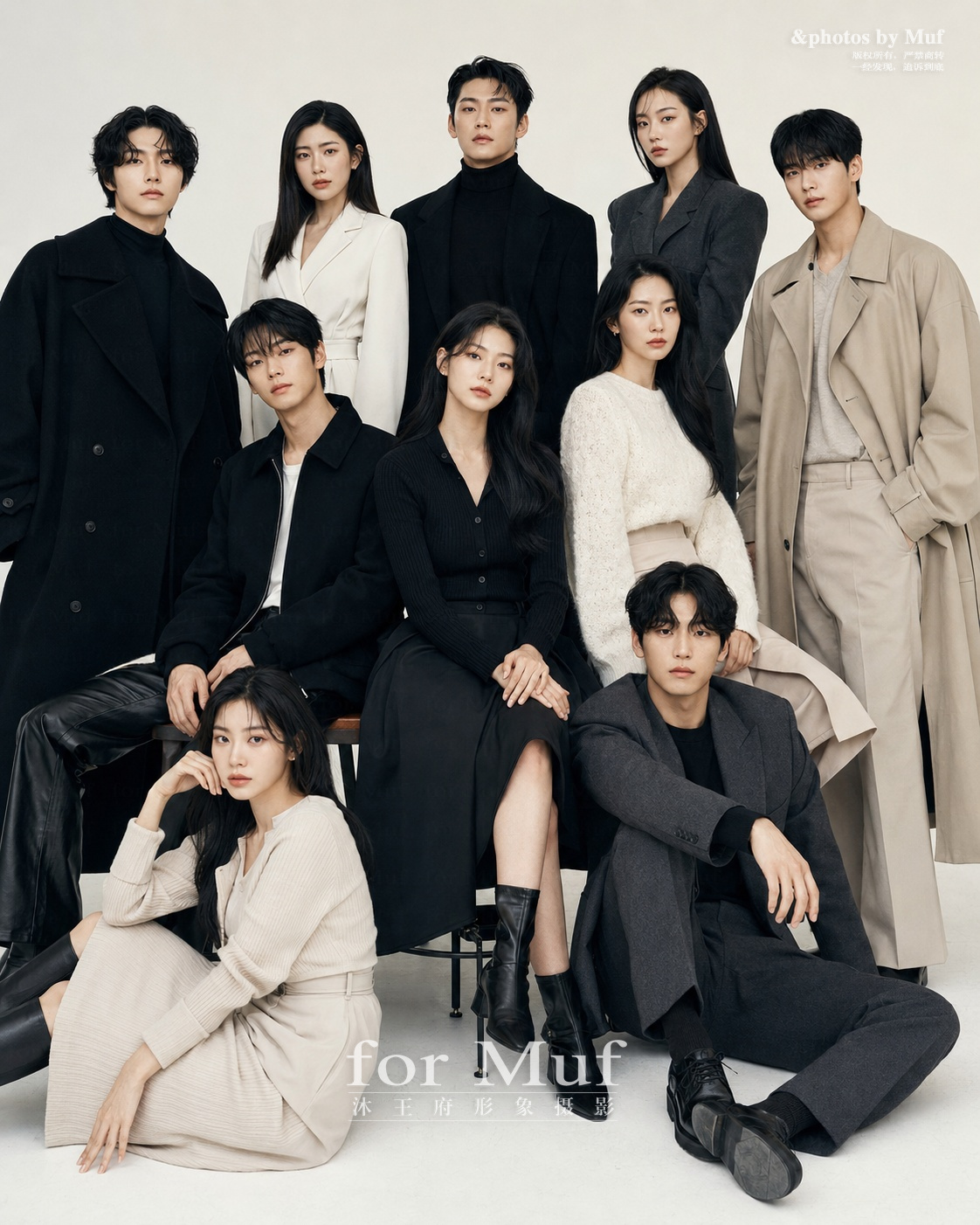 沐王府品牌时尚摄影：9位模特（5男4女）在纯白背景下演绎极简都市风格，身着黑色高领毛衣、米白西装、米咖风衣等单品，高低错落构图，for Muf沐王府形象摄影出品，展现服装质感与人物高级感